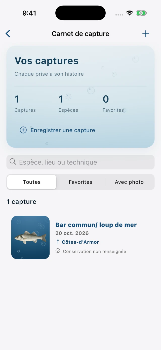 Carnet de capture HOOKfr avec les prises enregistrées