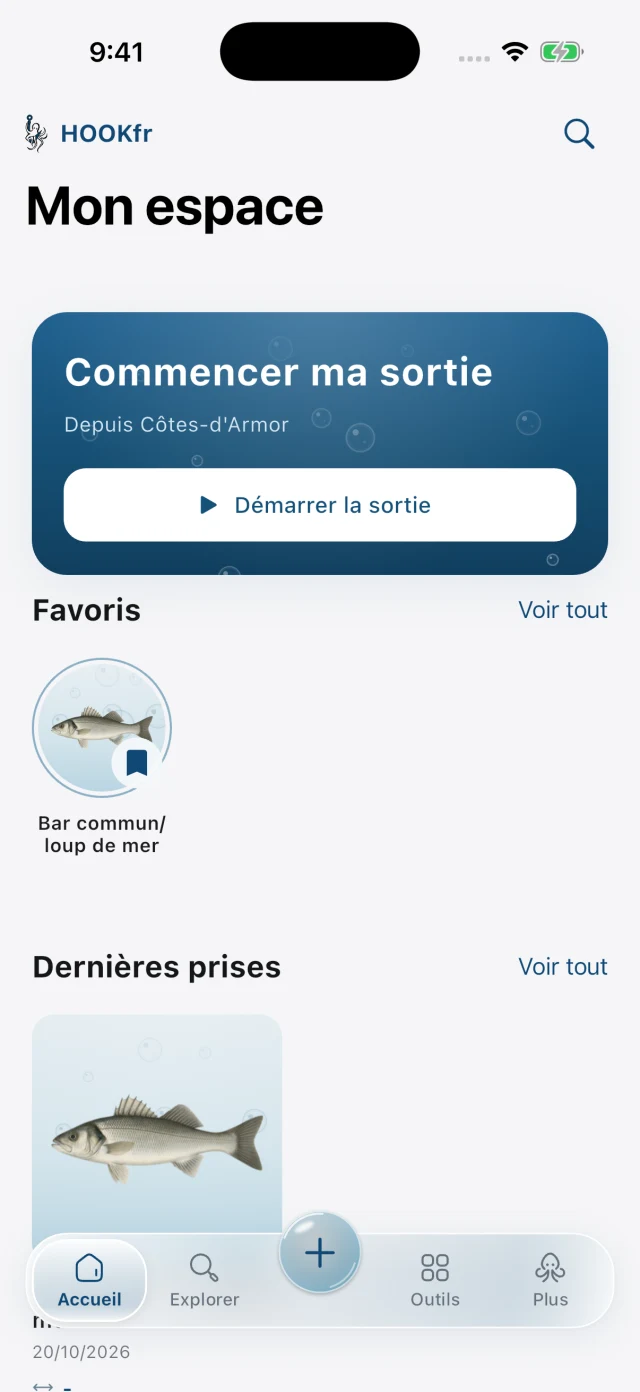 Nouvel accueil HOOKfr avec démarrage de sortie, favoris et dernières prises