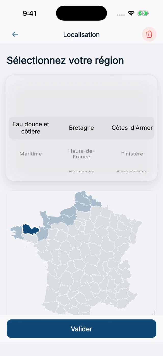 Sélection du département avec les roulettes et la carte de France