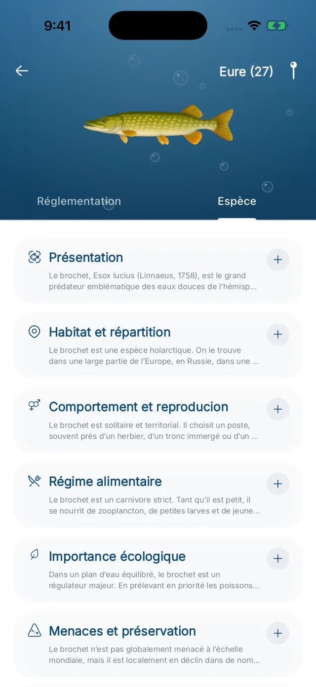 Habitat et informations sur le brochet dans la nouvelle interface HOOKfr