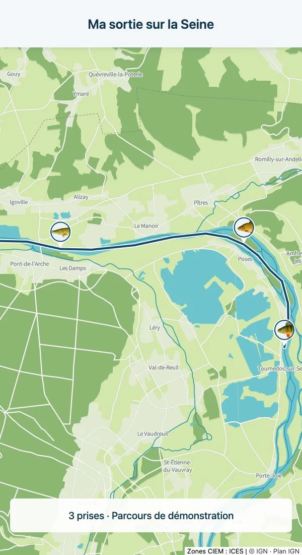 Aperçu d'une sortie privée sur la Seine avec un parcours et trois prises enregistrées