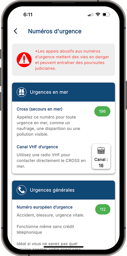 Outils de terrain : numéros d'urgence en mer et généraux dans HOOKfr